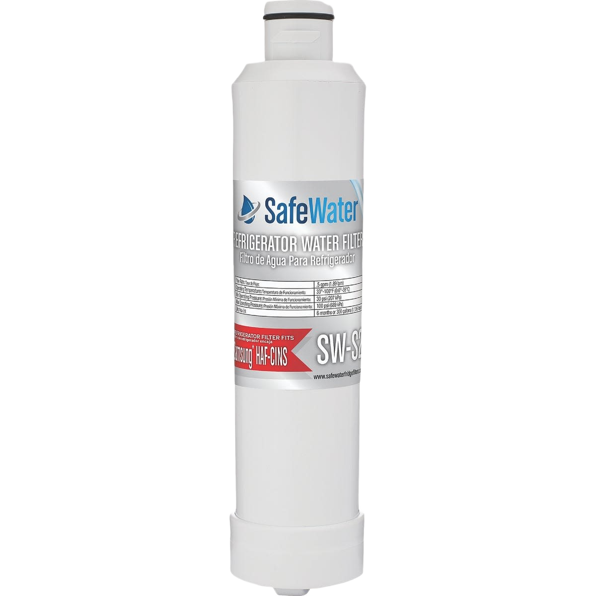 White replacement water filter cartridge for Samsung refrigerators to improve water quality and appliance performance