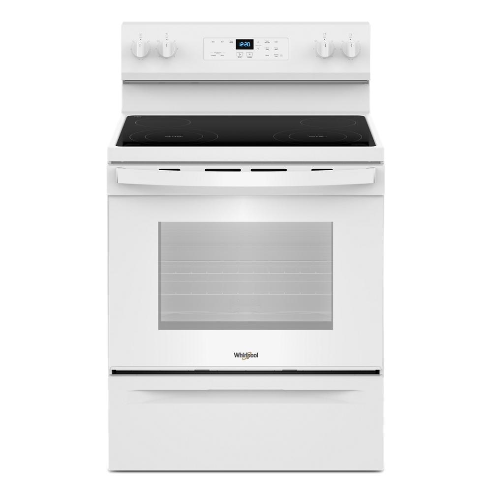 White electric range with smooth cooktop, digital control panel, and large oven window from kitchen appliances collection