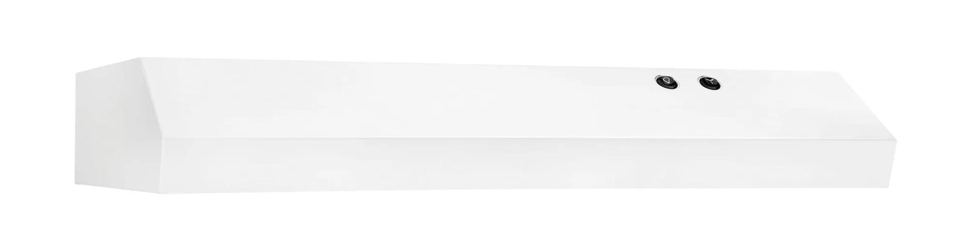 White 30-inch overhead range hood with dual fan speeds and dishwasher safe grease filter in kitchen appliances collection