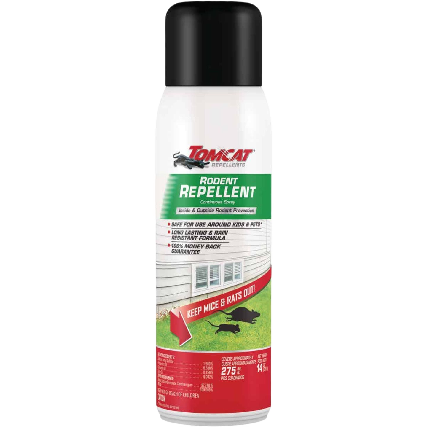 Aerosol spray can designed for continuous rodent repellent, suitable for indoor and outdoor pest control.