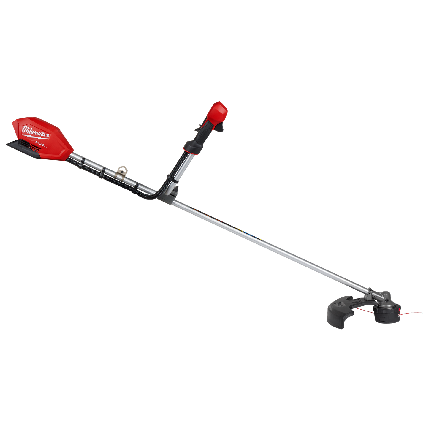 Red and black cordless brush cutter with dual handles and protective guard for tools and home improvement tasks