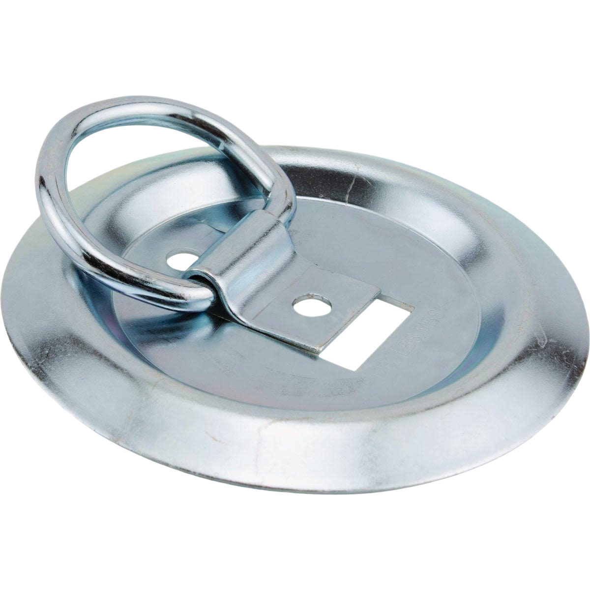 Round metal surface mount anchor with recessed ring for securing loads in home improvement projects
