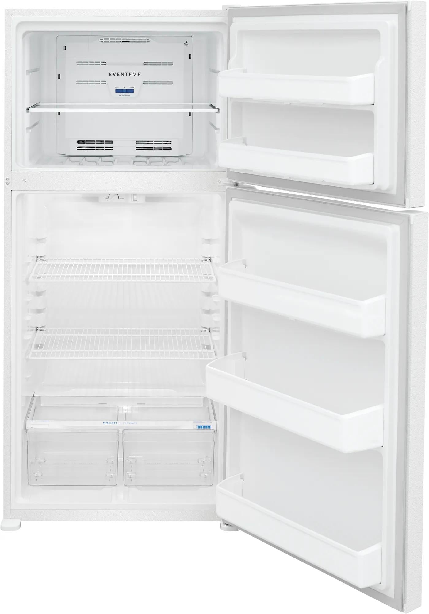 white top freezer refrigerator with wire shelves and spacious door bins in kitchen appliances and refrigerators collection