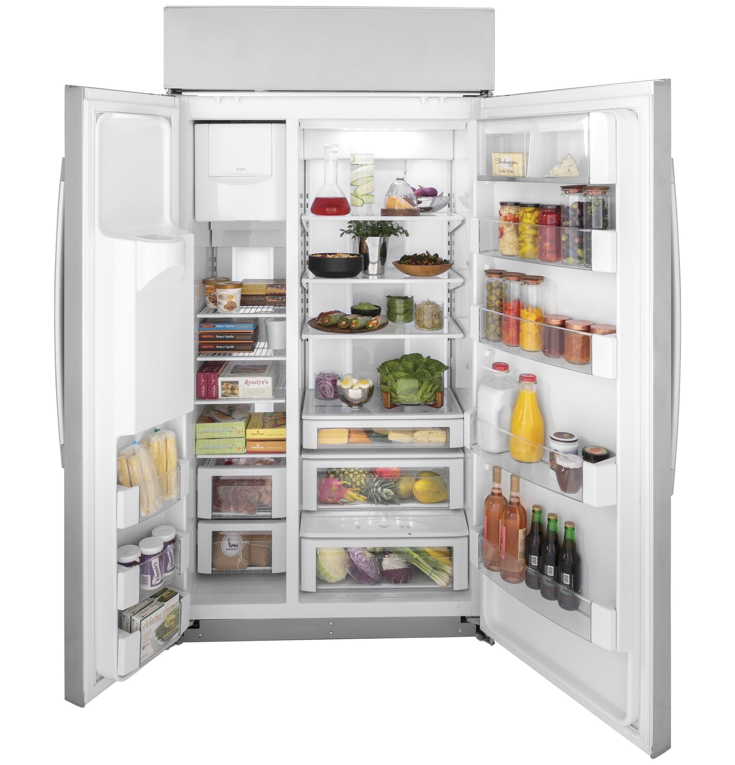 Open built-in stainless steel side-by-side refrigerator with adjustable shelves and clear door bins for kitchen appliances collection
