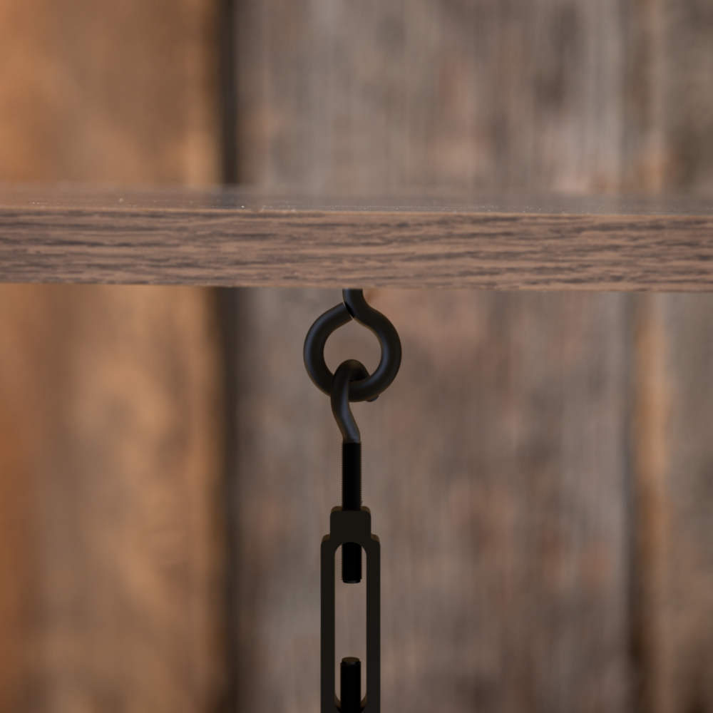 Black storm shine lag screw eye attached to wood with linked chain in hardware and fasteners collections under 50