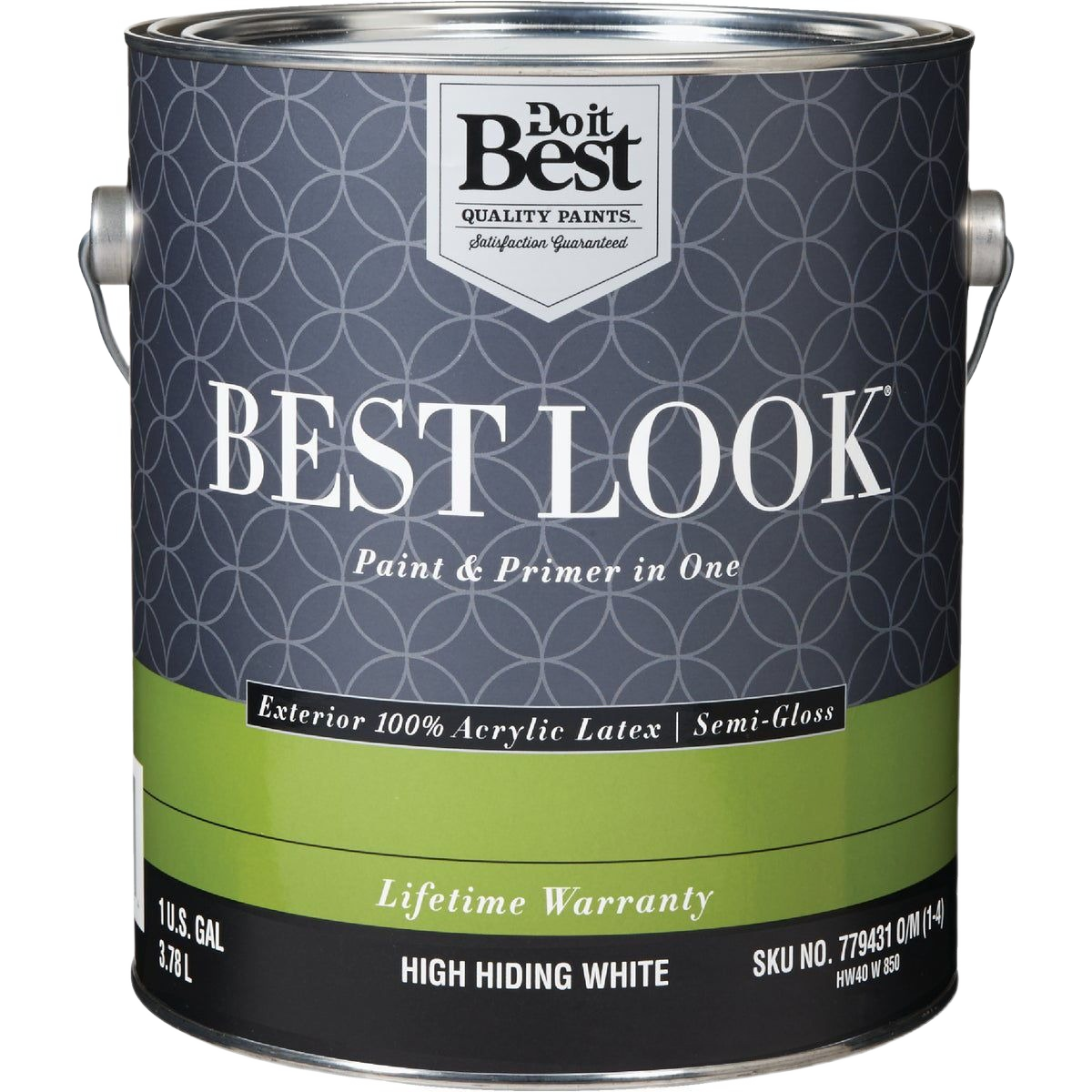 One-gallon can of exterior 100% acrylic semi-gloss paint and primer with lifetime warranty in high hiding white