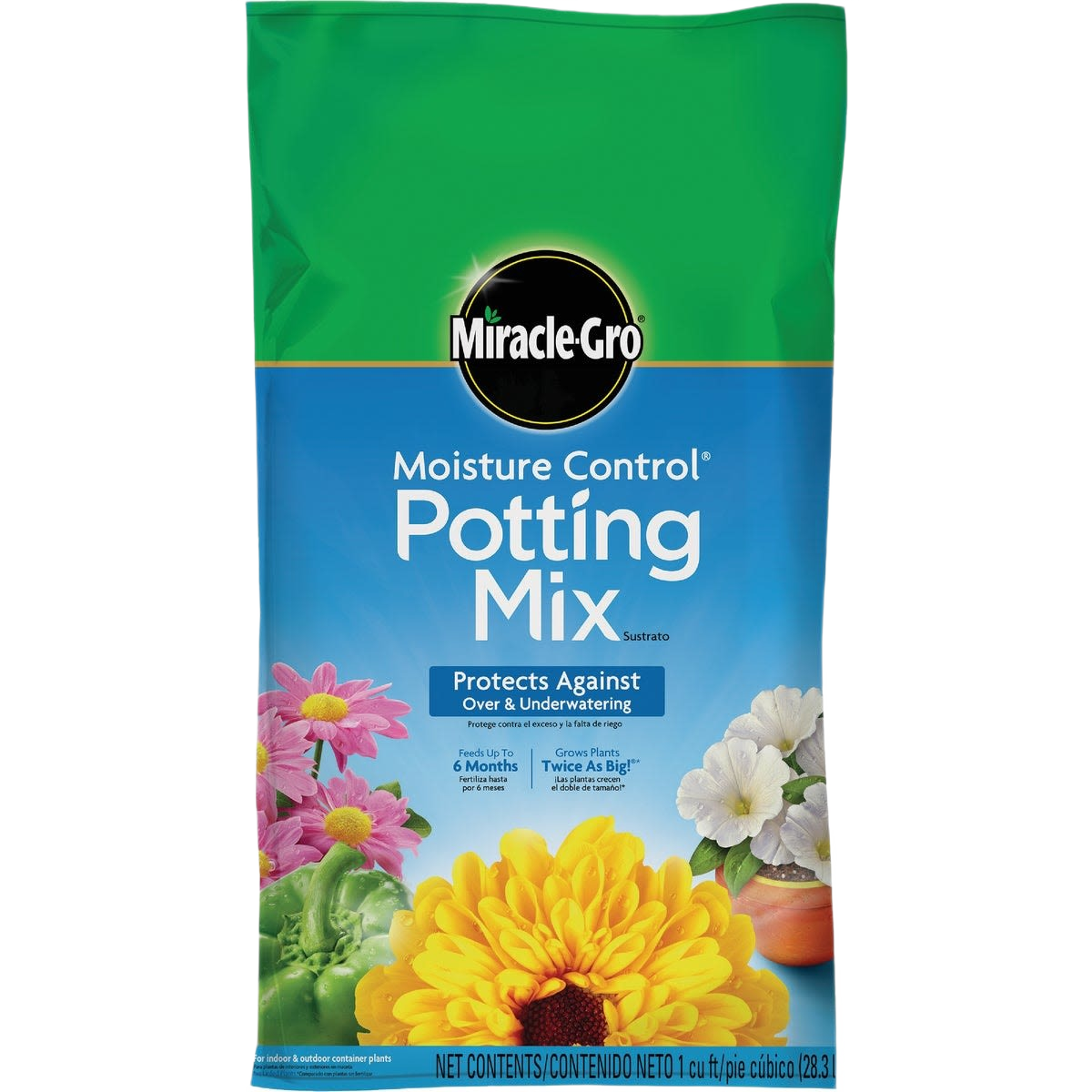 Bag of moisture control potting mix with bright flower illustrations for gardening and home improvement use