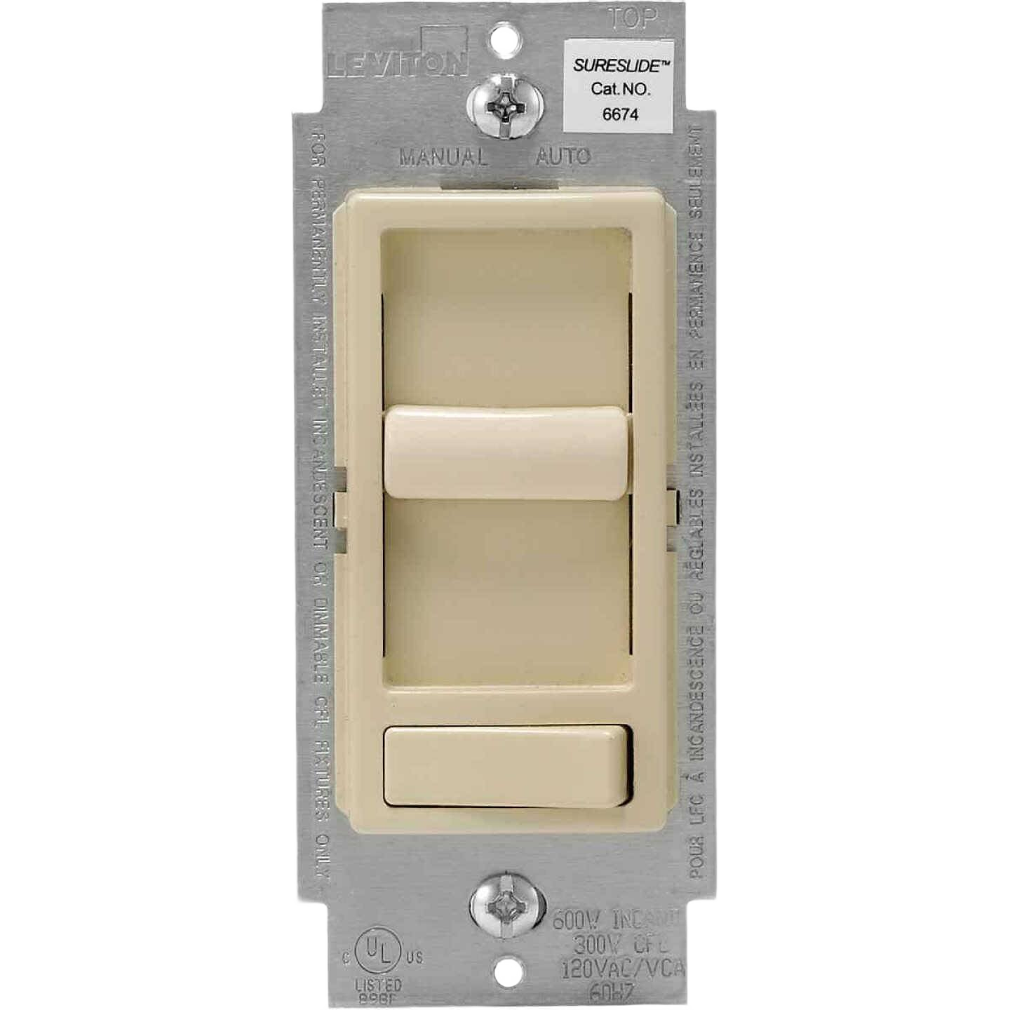 Ivory slide dimmer switch with manual and auto settings for home improvement and lighting control tools