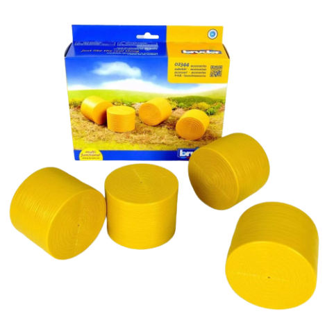 Set of four yellow plastic round bales designed as realistic miniature farming accessories for toy models or displays