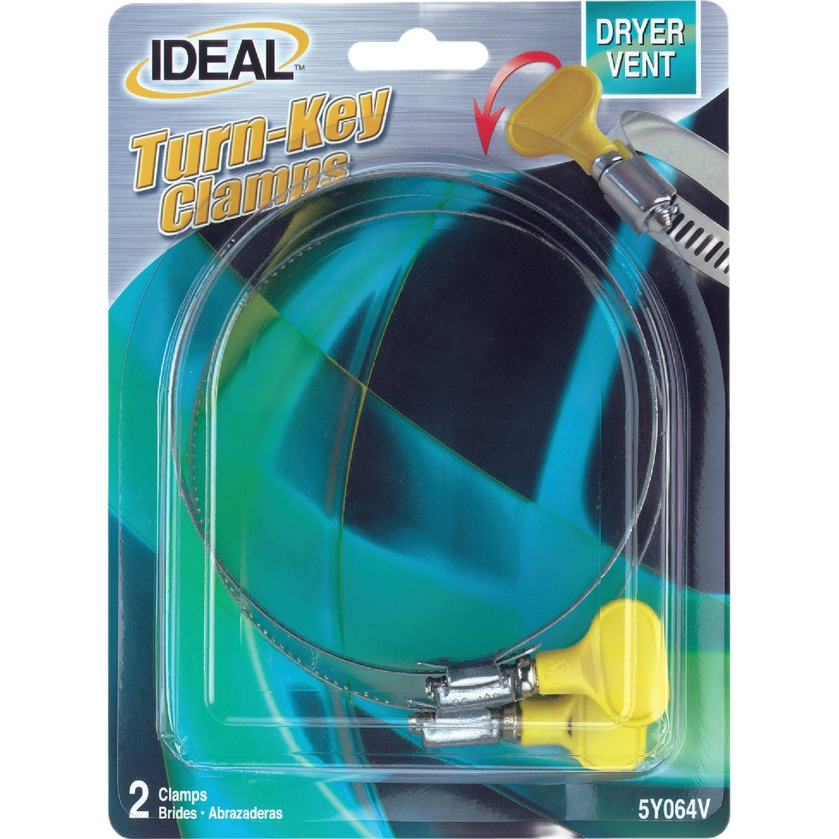 Two stainless steel dryer vent clamps with yellow turn-key handles in retail packaging for appliance parts collections