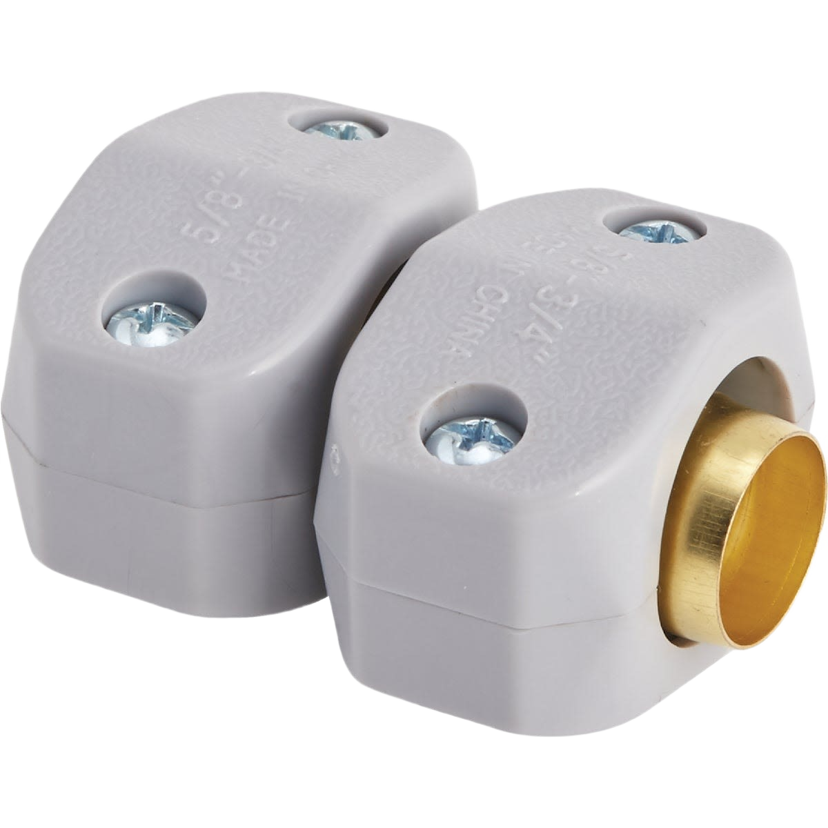 Brass hose mender with gray nylon clamp for 5/8 inch and 3/4 inch hoses in Lawn & Garden collection