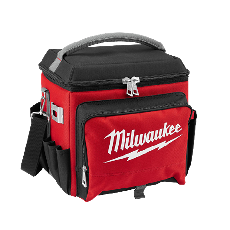 Compact red and black insulated cooler with metal zippers and exterior pockets for tool storage and workshop organization