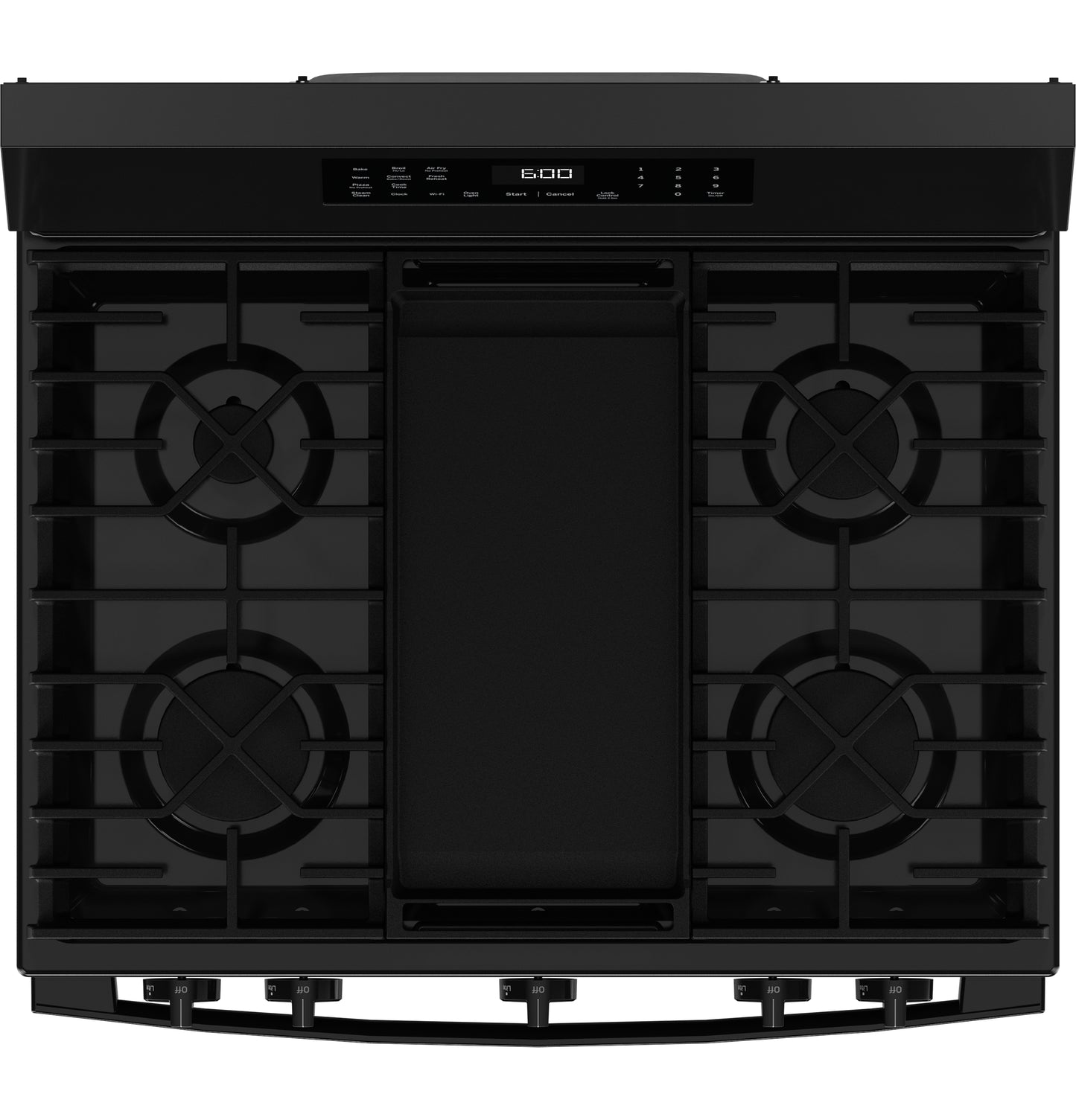 Black free-standing gas convection range with five burners, central griddle, and digital control panel from Ranges collection