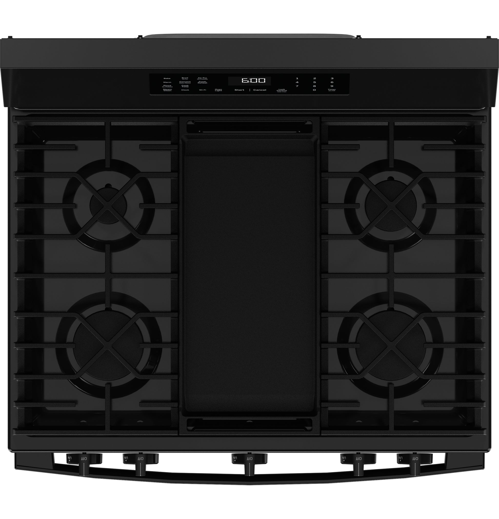 Black free-standing gas convection range with five burners, central griddle, and digital control panel from Ranges collection