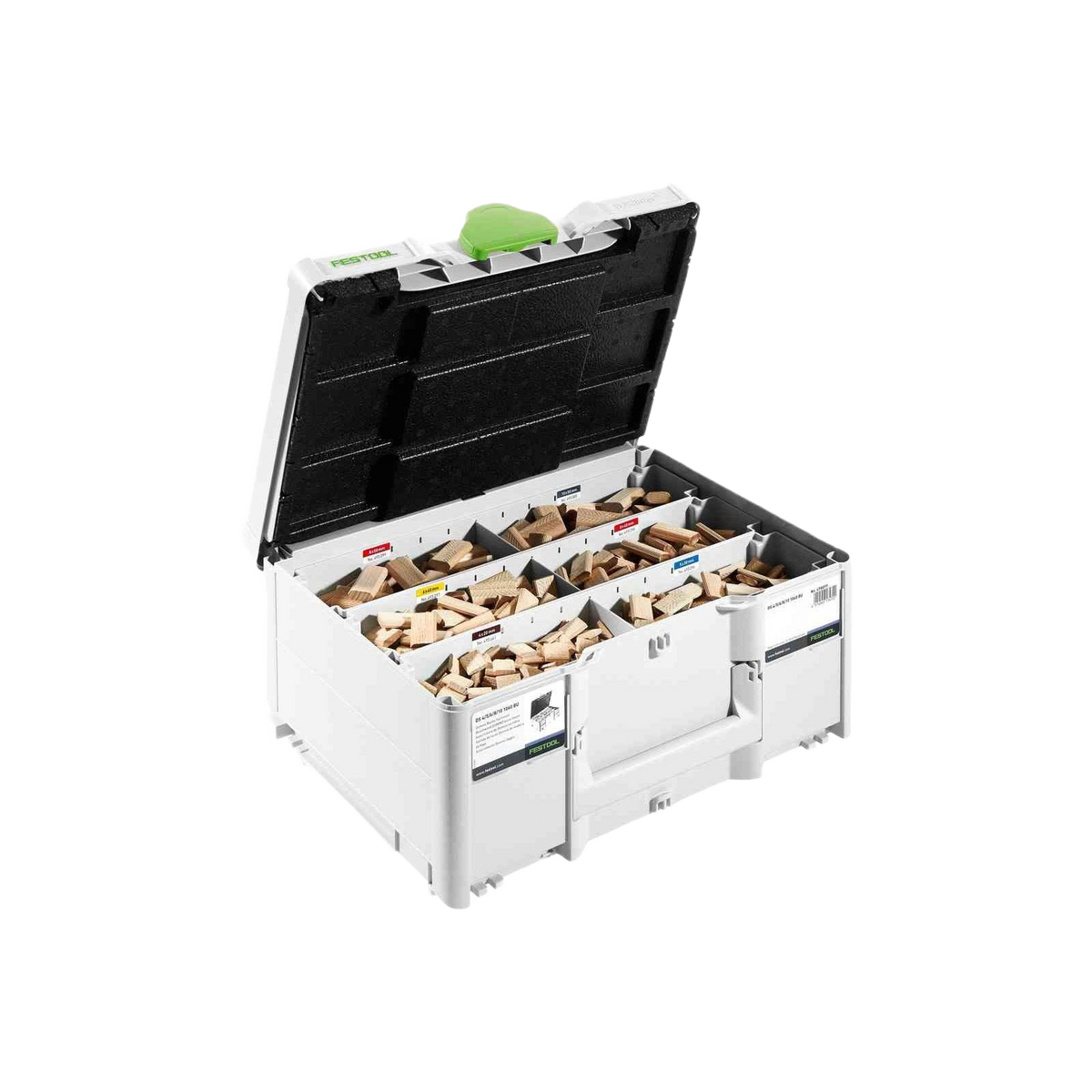 White interlocking tool storage box filled with assorted natural hardwood tenons for woodworking projects