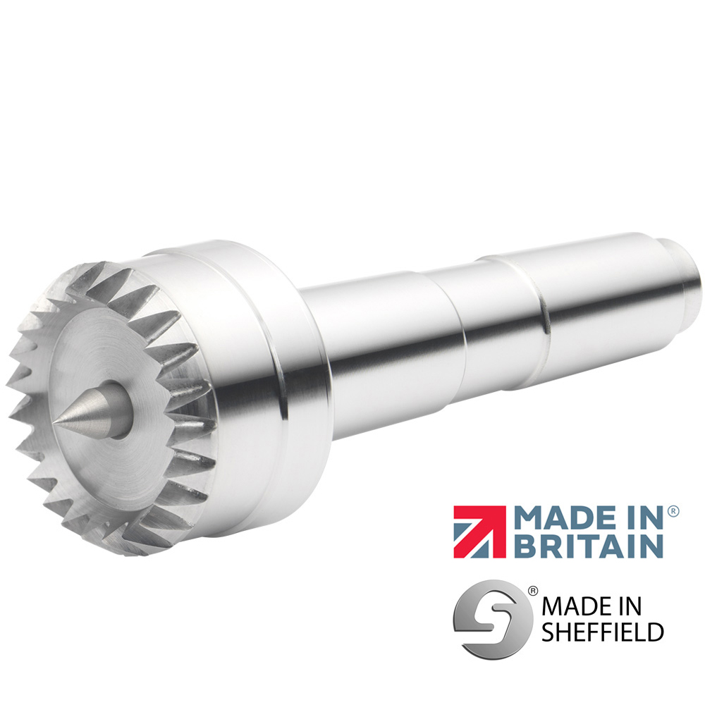Polished metal multi-tooth drive center with sprung point designed for woodworking tools in under $100 collection