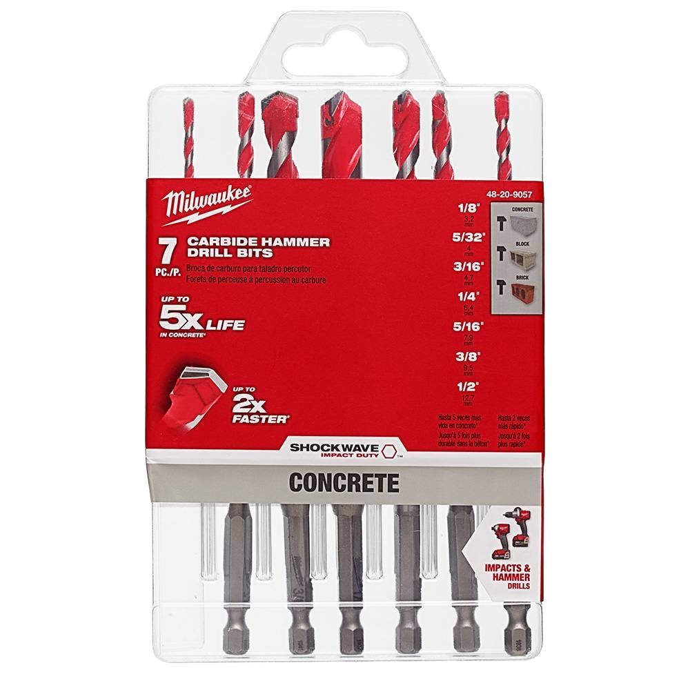 Set of seven carbide hammer drill bits in red and black for concrete drilling in power tool accessories and drill bits collections