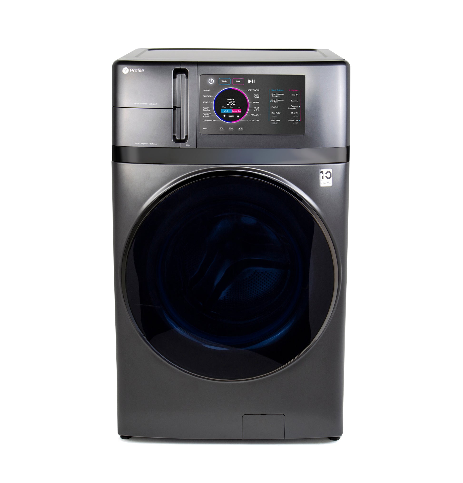 Dark gray front-load washer dryer combo with digital touchscreen panel in appliance laundry centers collection