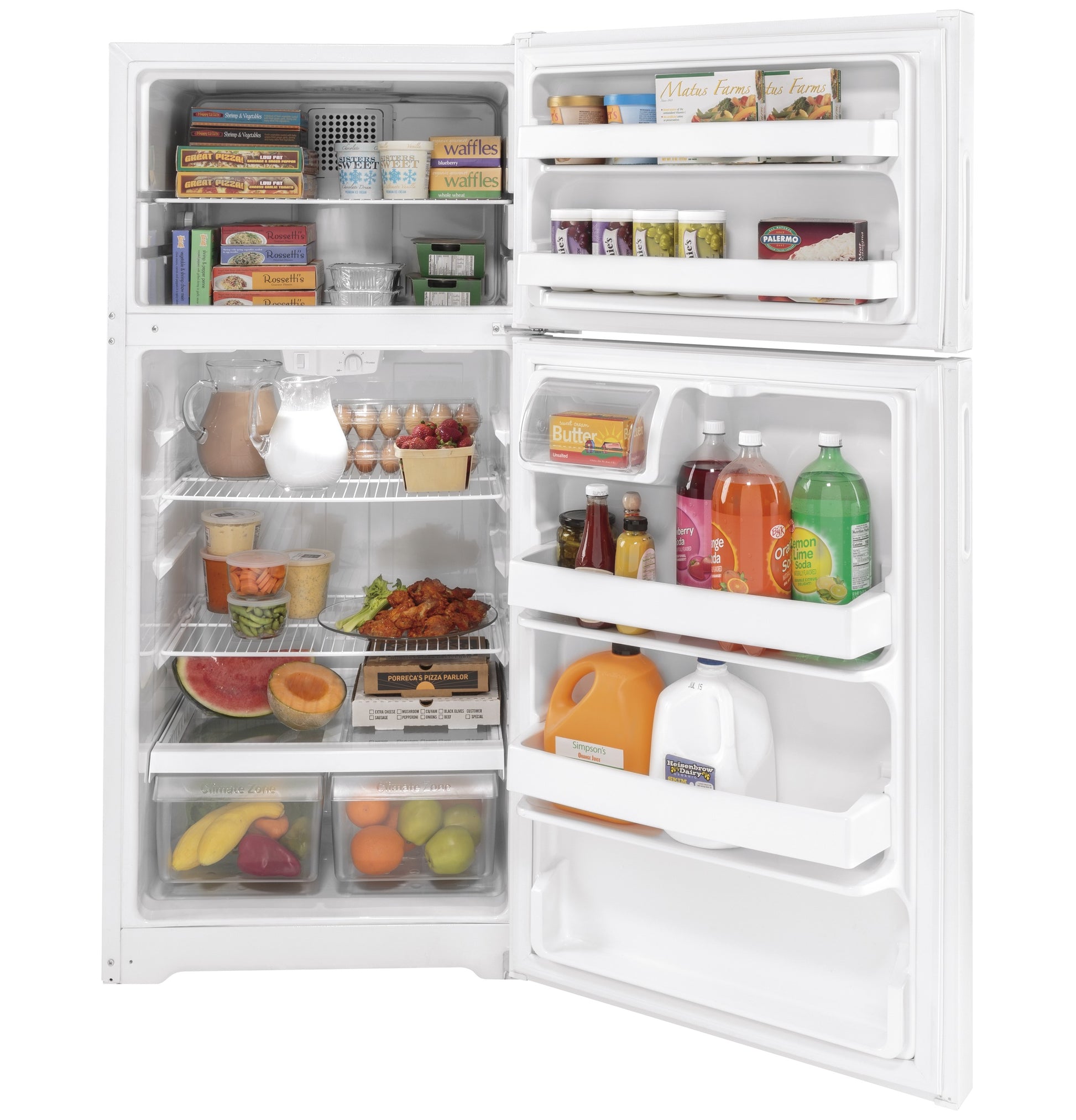 Open white recessed handle top-freezer refrigerator filled with groceries in kitchen appliance collection