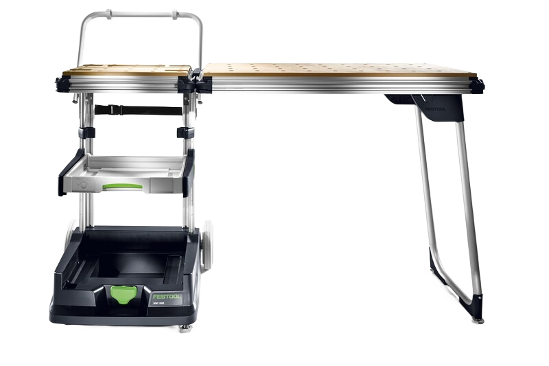 Mobile workshop stand with extended wooden work surface, aluminum frame, and storage compartments for woodworking tools.