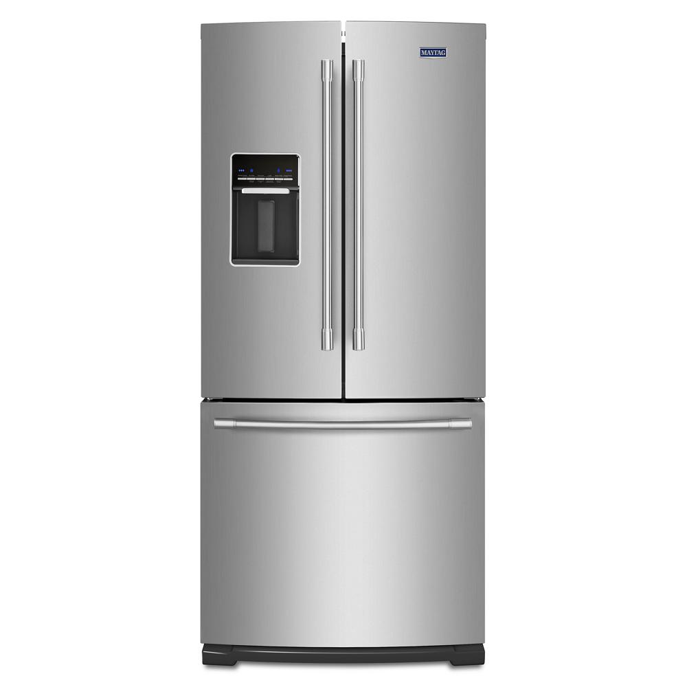 Stainless steel French door refrigerator with bottom freezer and exterior water dispenser in kitchen appliance collection