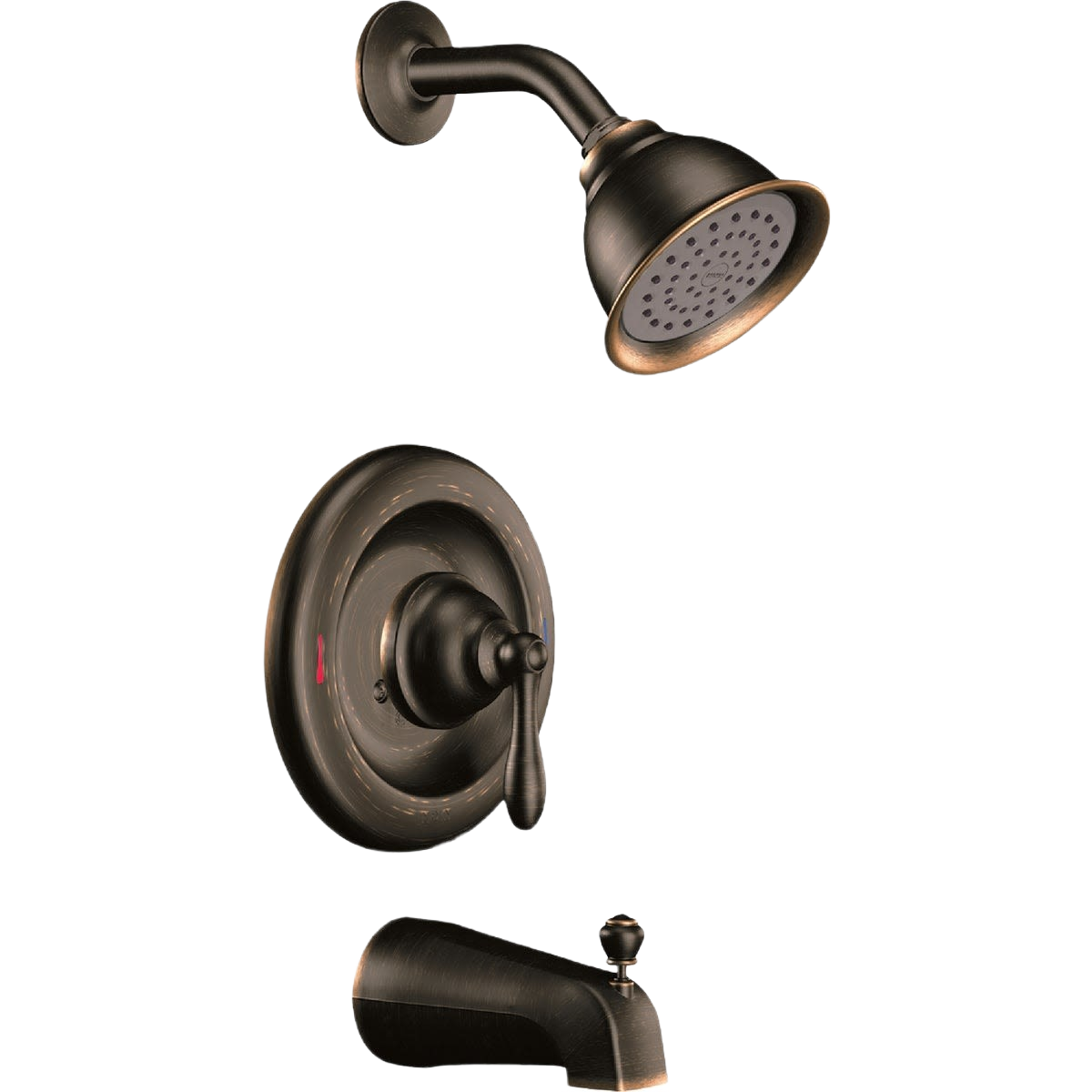 Mediterranean bronze tub and shower trim set featuring a classic showerhead, handle, and tub spout for bathroom plumbing.