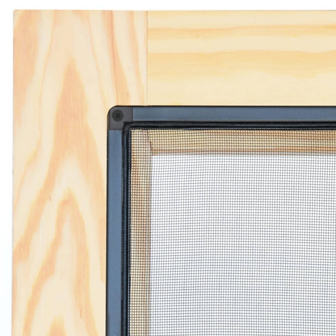 Close-up of natural wood frame with black metal screen mesh corner for home improvement projects