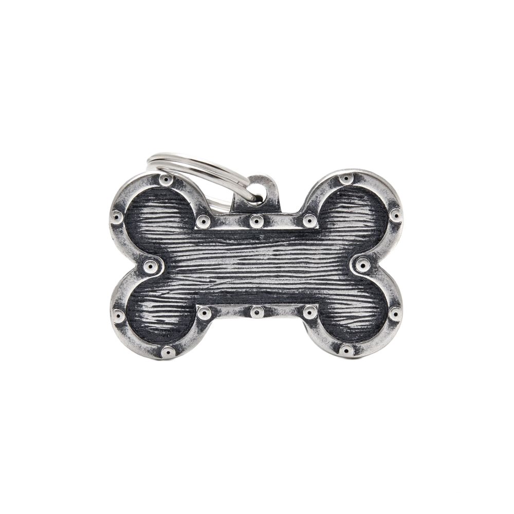 Metal dog bone-shaped ID tag with futuristic design and textured surface for pet identification and accessories