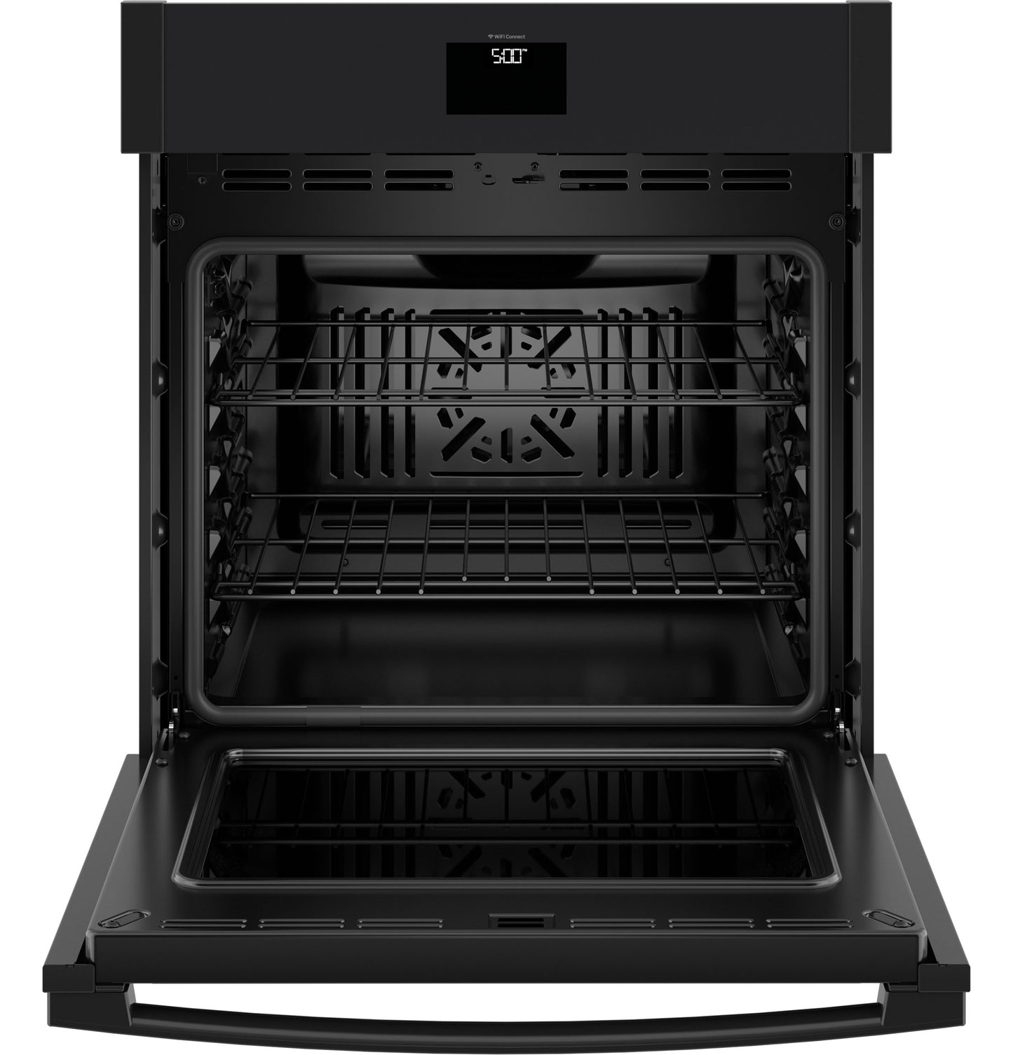 Open black built-in convection wall oven with two racks and digital display in kitchen appliances collection