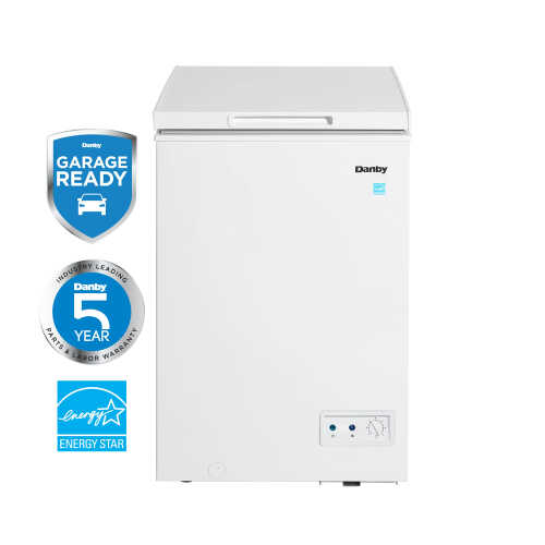 Compact white chest freezer with front temperature control and energy star label in appliances collection