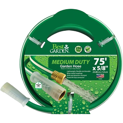 Green medium-duty garden hose 75-foot length with brass fittings and Guard-N-Grip connector in watering and irrigation tools