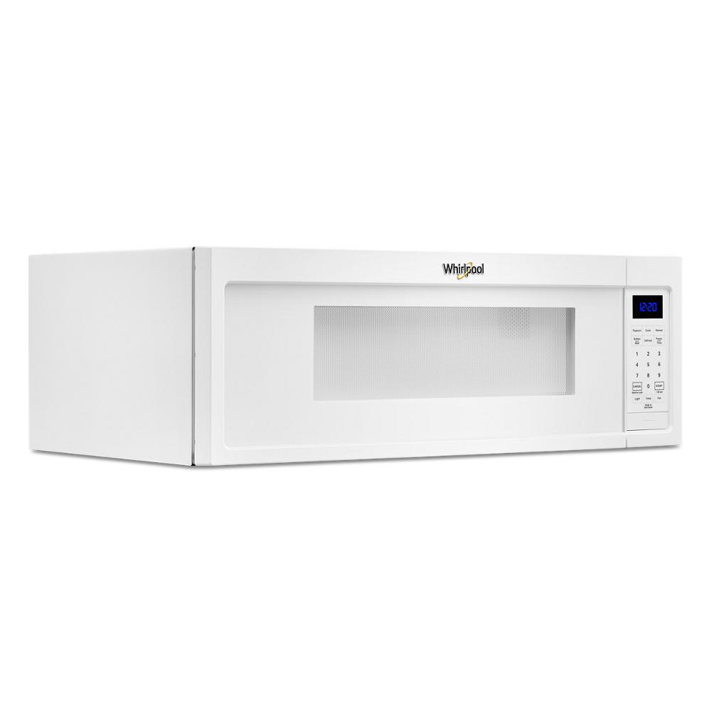 white low profile microwave with digital control panel and small over-the-range vent for kitchen appliances