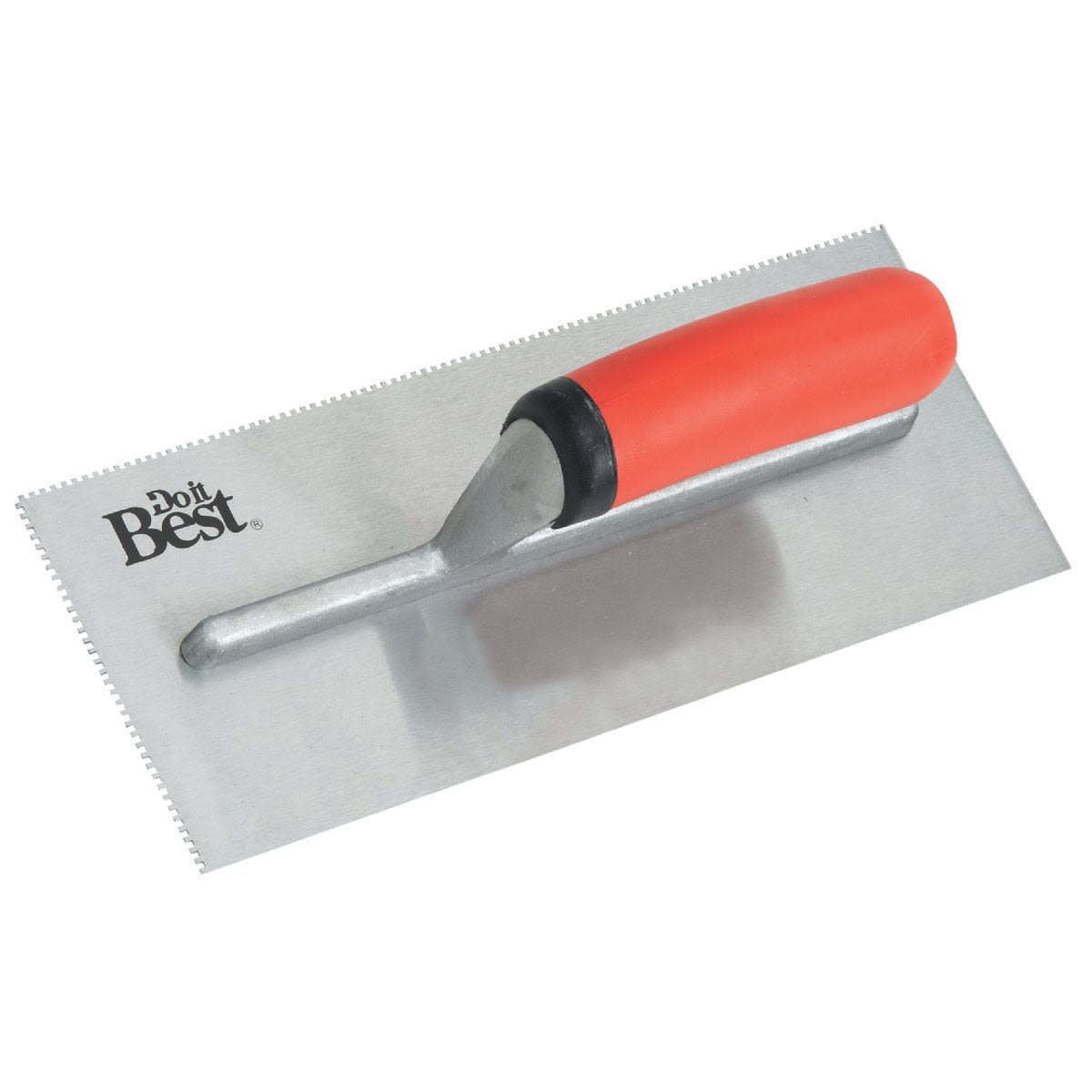 Square notched trowel with red ergonomic handle and metal blade for home improvement and tile installation tasks