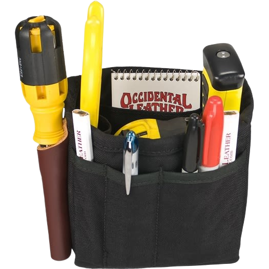 Black tool pouch with organized pockets holding pens, tape measure, screwdriver, and small notepad for workshop organization