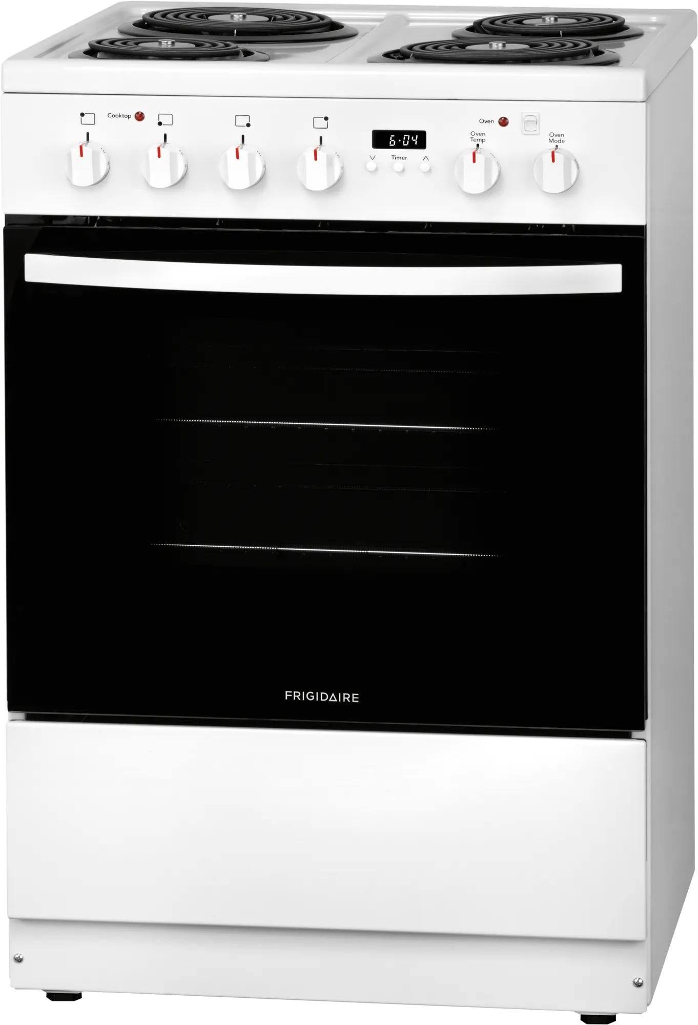 white compact freestanding electric range with coil burners and digital timer in kitchen appliances collection