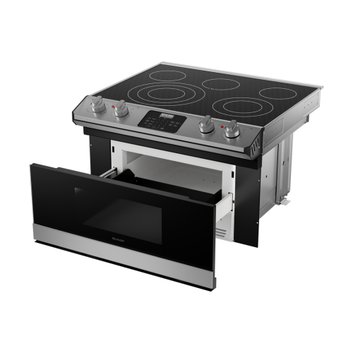 Black and stainless smart electric cooktop with five burners and integrated microwave drawer for kitchen appliances collection