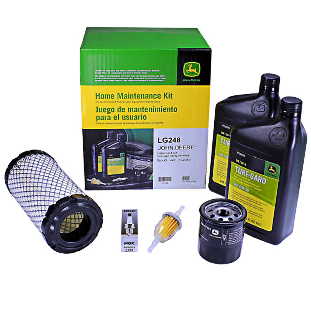 John Deere home maintenance kit with filters, spark plugs, and oil bottles for tools and home improvement tasks