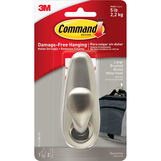 3M Command large brushed nickel adhesive hook for damage-free hanging, part of hardware and fasteners collection