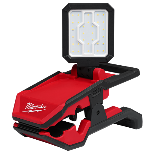 Red and black clamping flood light with adjustable LED panel for versatile Milwaukee utility and work light applications