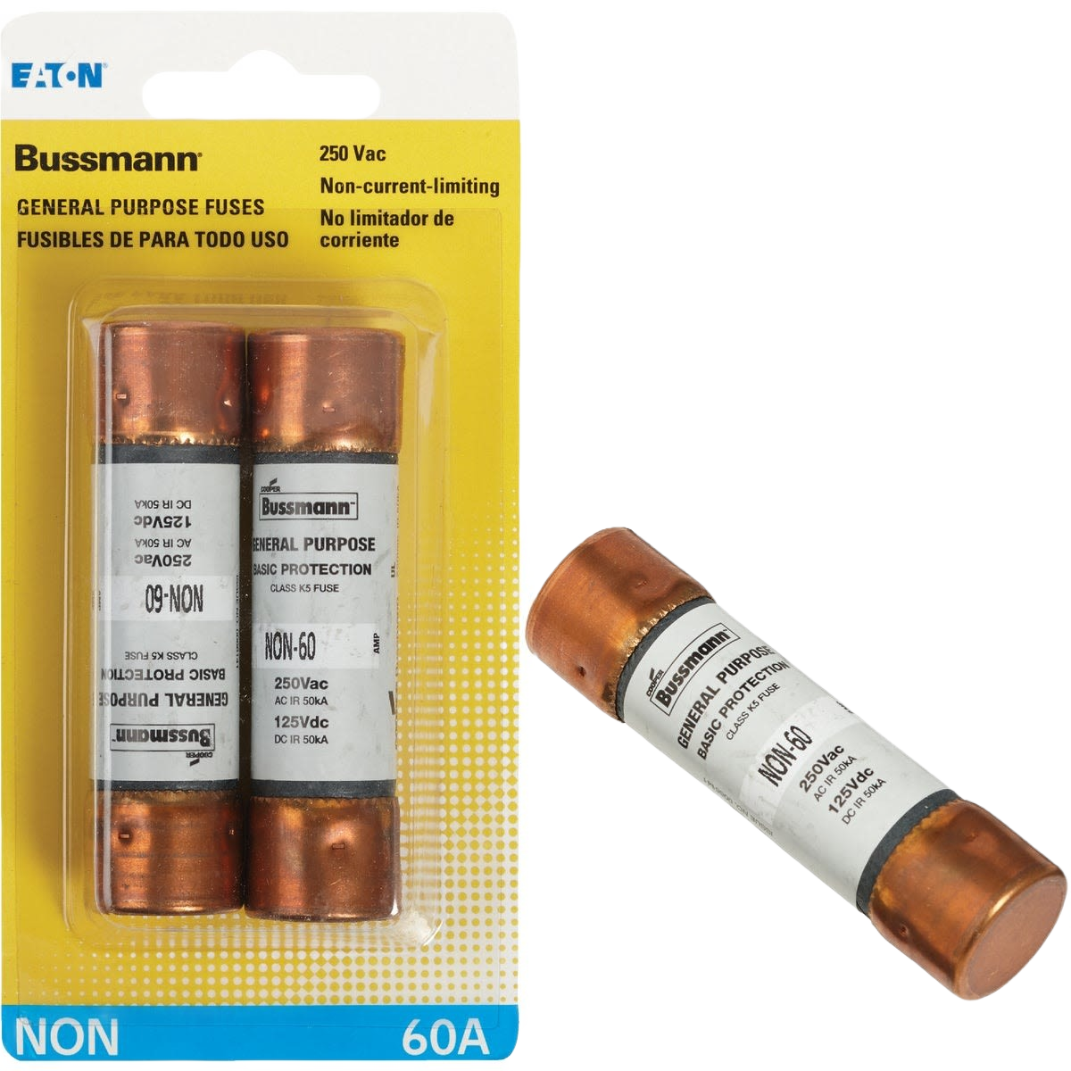 Two copper-ended electrical fuses in packaging and one loose, for general purpose home improvement use