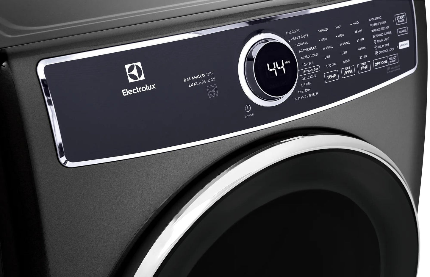 Close-up of black front load electric dryer control panel featuring digital timer and multiple drying options in appliance setting