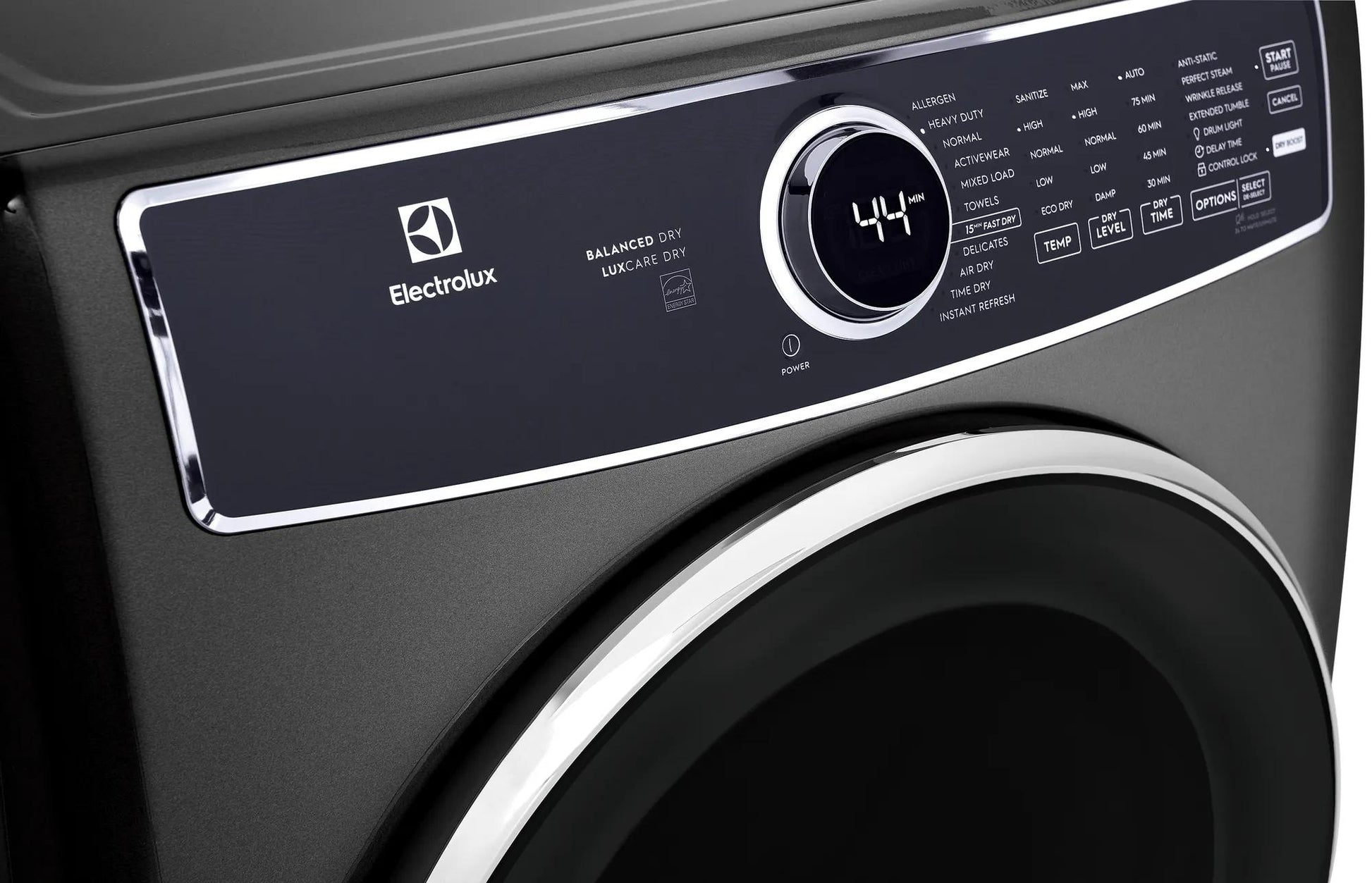 Close-up of black front load electric dryer control panel featuring digital timer and multiple drying options in appliance setting