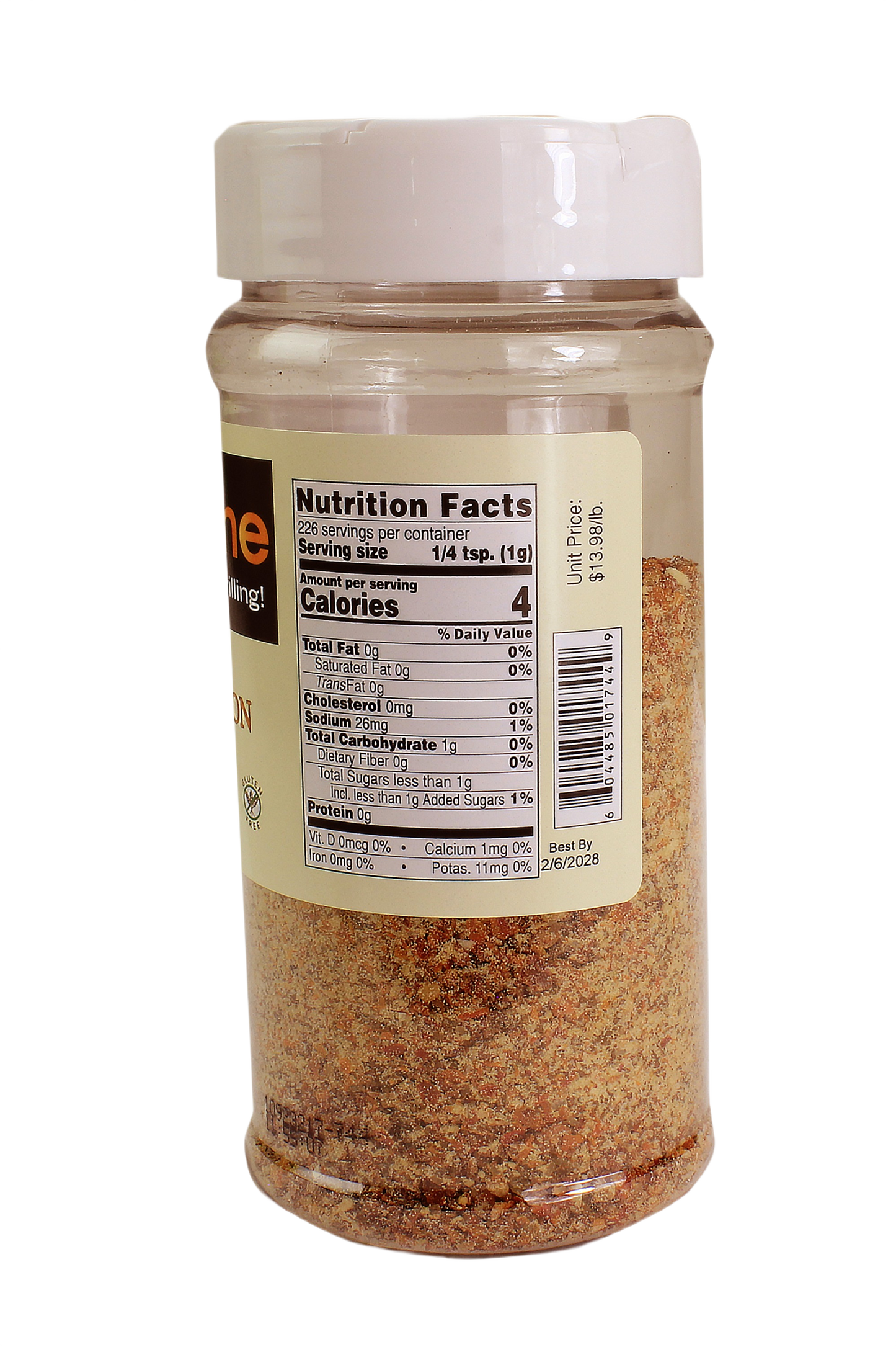 Clear plastic seasoning jar showing nutrition facts label for Grill Zone Vermont Maple Bourbon BBQ Rub 8 oz container