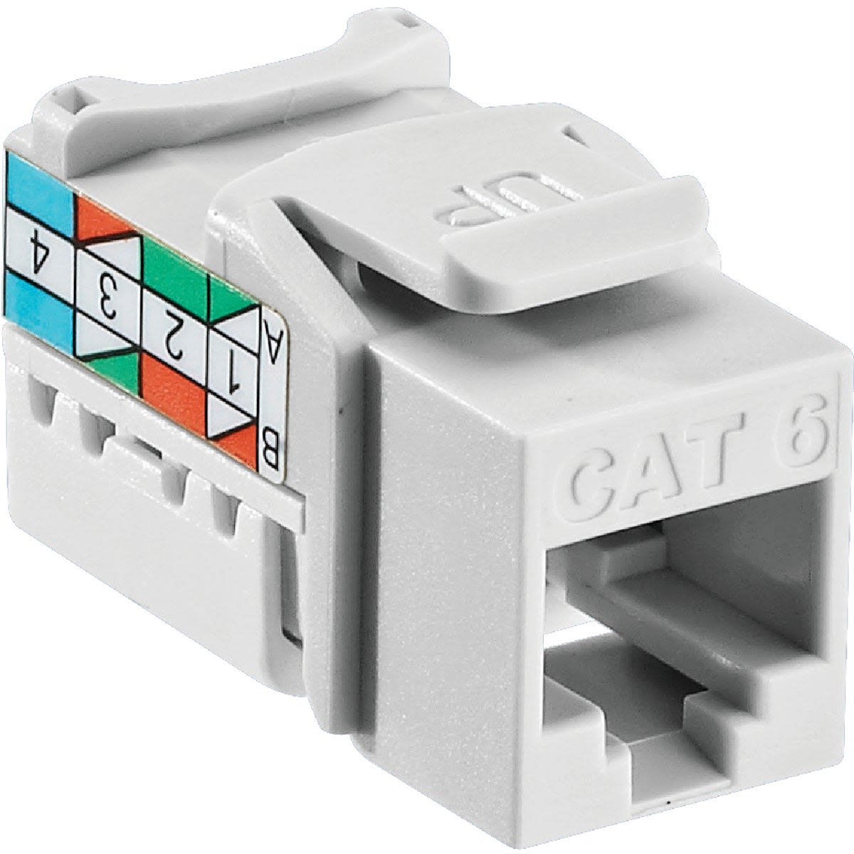 White Cat-6 connector jack with wiring color code labels for networking and home improvement use