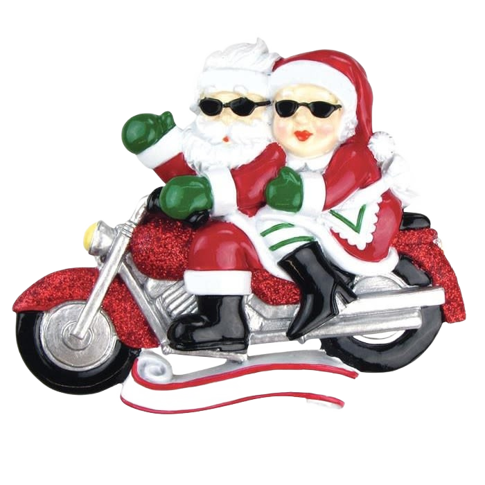 Santa and Mrs. Claus wearing sunglasses riding red motorcycle ornament from Christmas Ornaments & Tree Decorations collection under $50