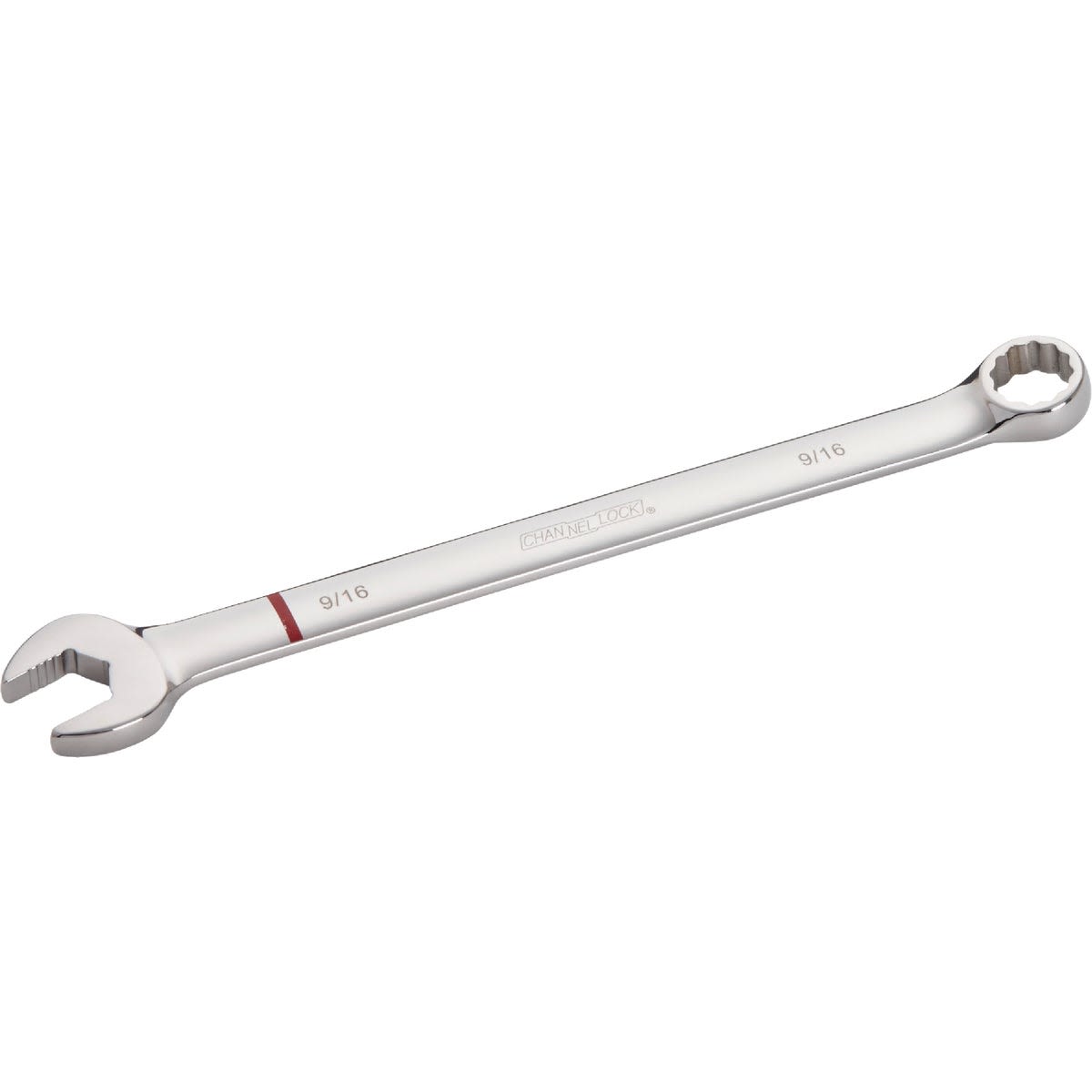 Polished 9/16 inch 12-point combination wrench with open and box ends for tools and home improvement uses