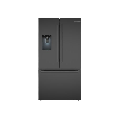 36-inch black stainless steel French door refrigerator with bottom freezer drawer in Bosch Appliances collection