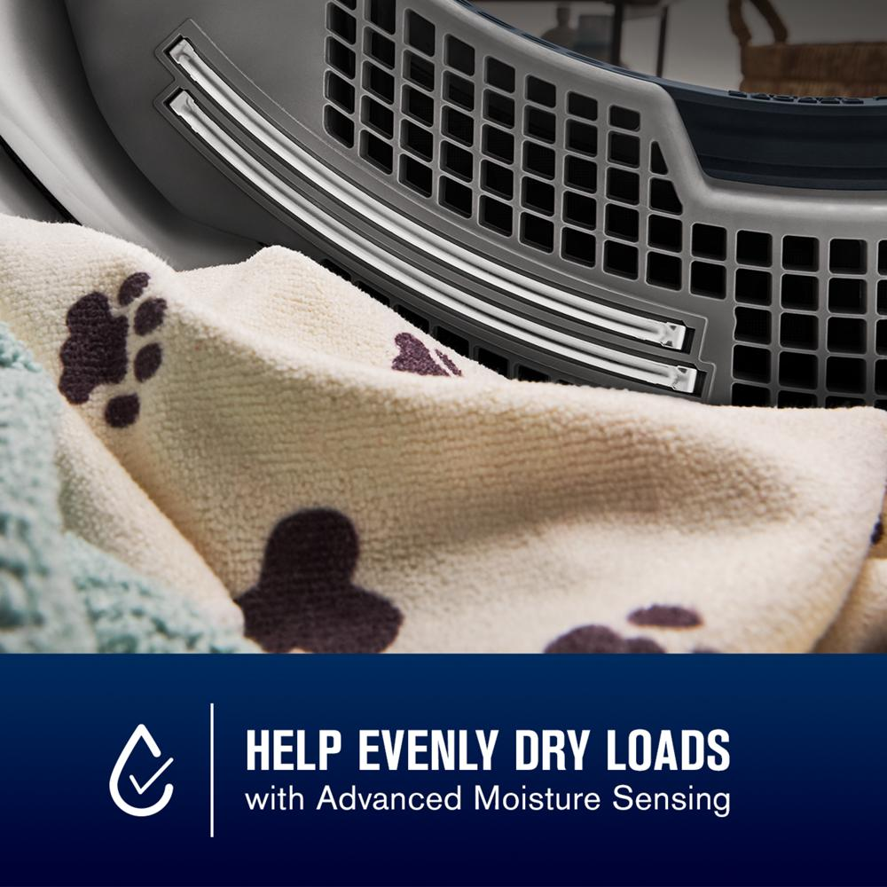 Close-up of front load dryer drum with pet-patterned blanket highlighting moisture sensing feature from dryers collection
