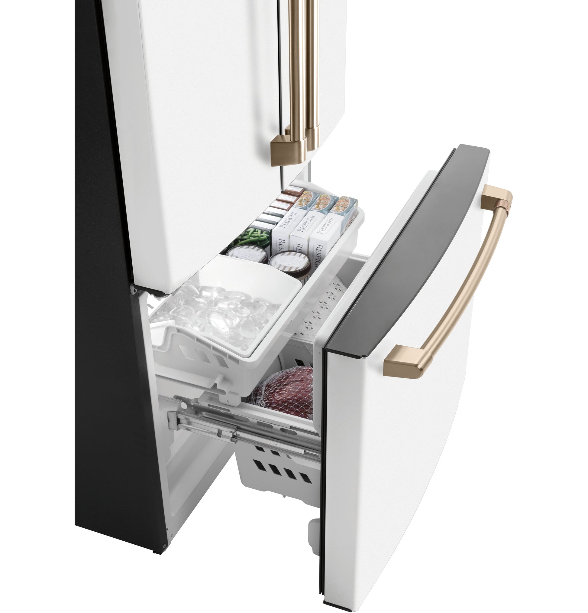 White counter-depth French-door refrigerator bottom freezer drawer open showing organized ice tray and frozen items in kitchen appliances collection