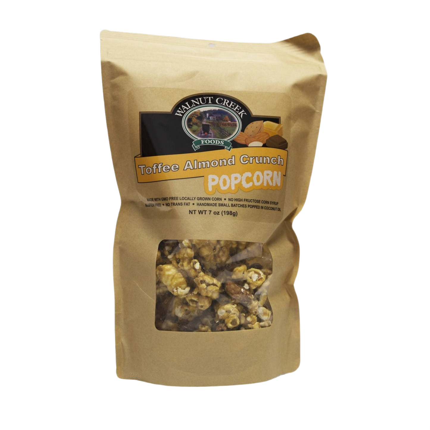 Brown kraft bag of toffee almond crunch popcorn with clear window for Chips & Snacks under $50 collection